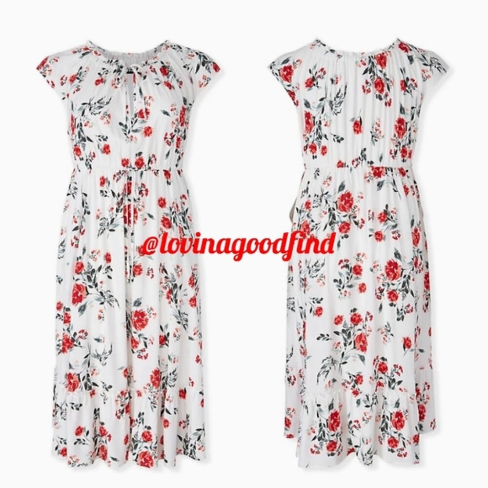 Torrid WHITE & RED FLORAL CHALLIS DRAWSTRING DRESS NWT sz 2
